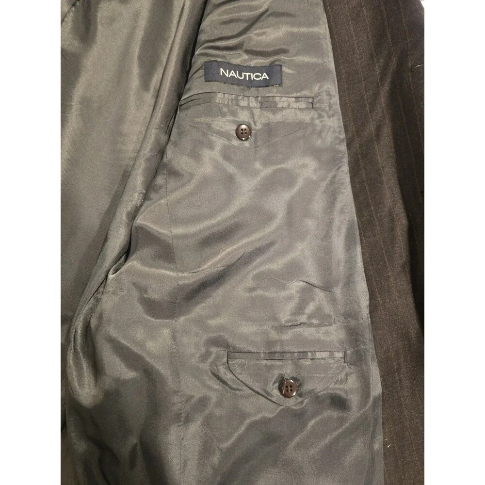 Nautica Men's Gray Pinstripe 2 Piece Suit 44R W38 100% Wool Flat Front 32 Inseam